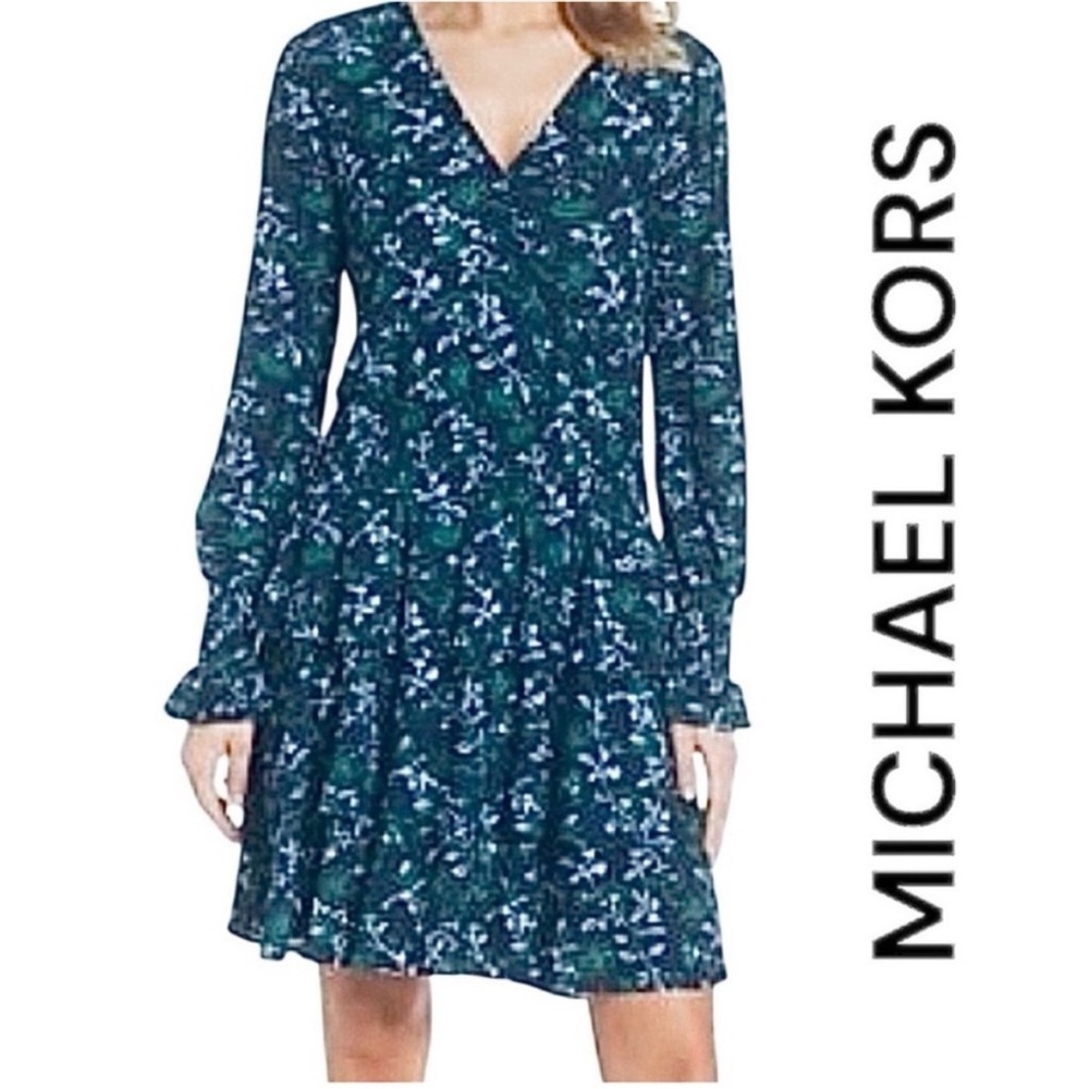 Michael Kors Women's Navy Floral Long Sleeve Dress Size L